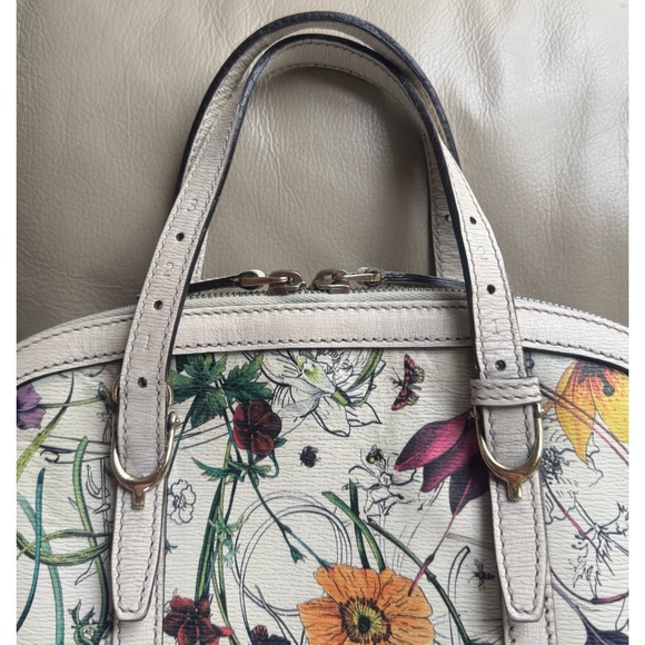 Authentic Gucci Floral Canvas White Leather Dome Satchel Crossbody Bag - Picture 13 of 15